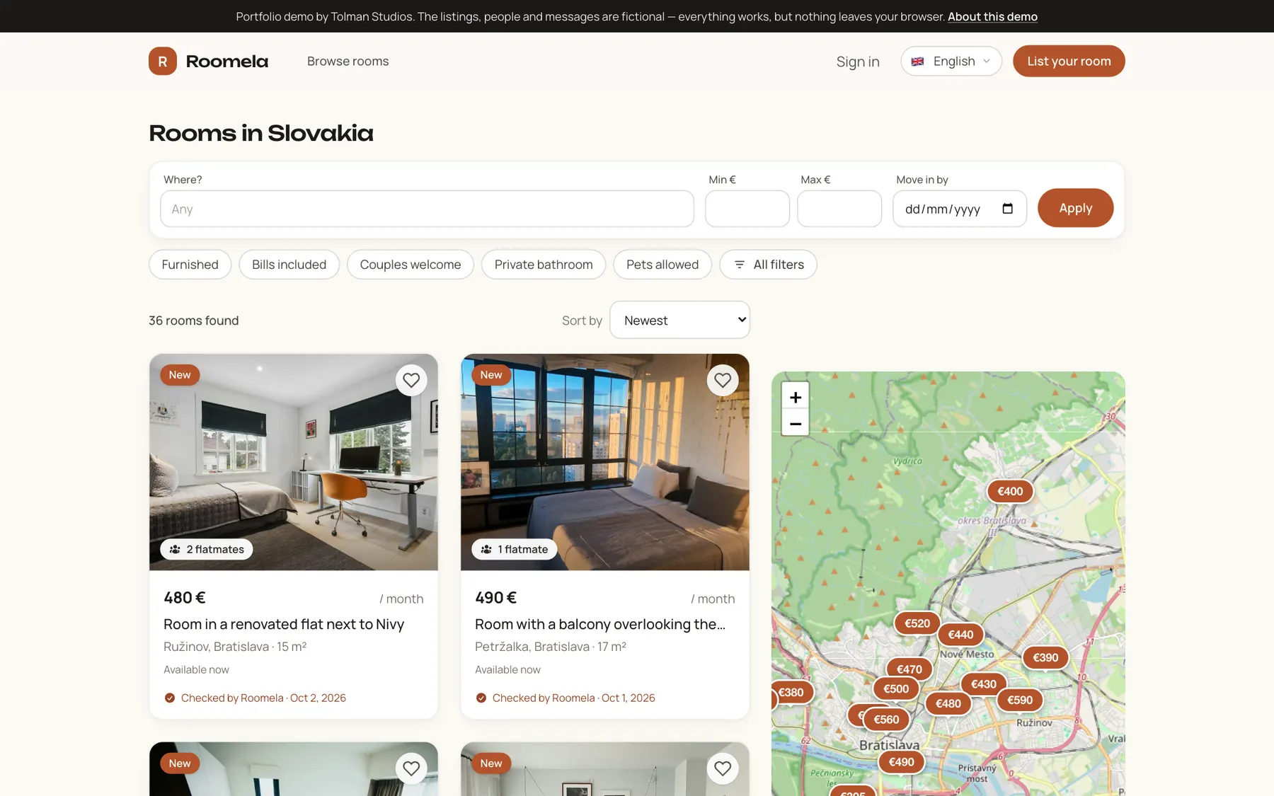 Пошук Roomela з оголошеннями та мапою Братислави