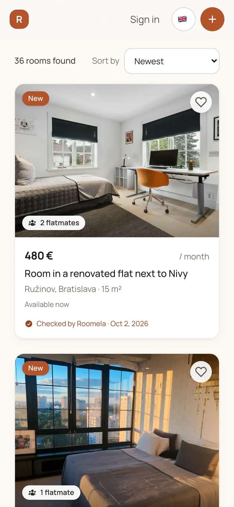 Roomela search results on a phone